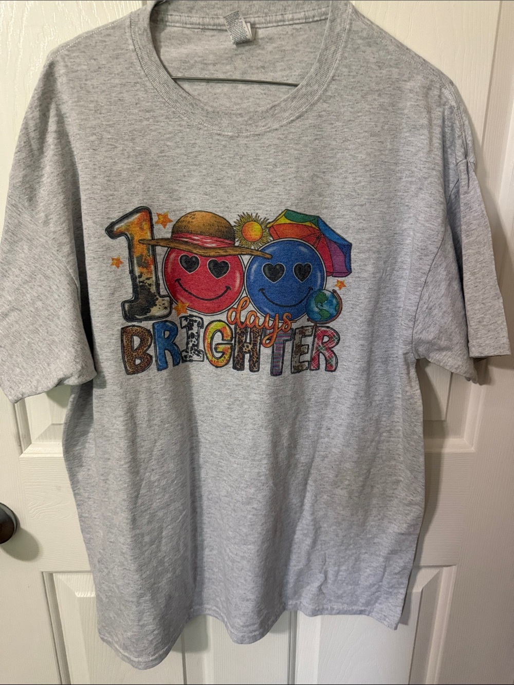 Jerzees Gray Tee with Colorful '100 Days Brighter' Graphic
